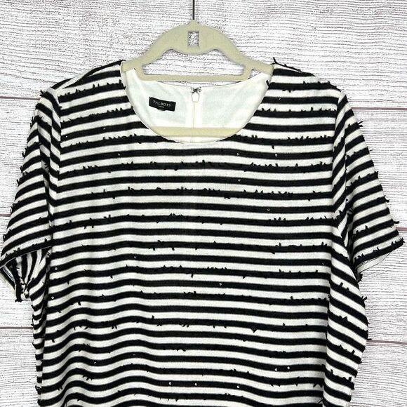 Talbots Woman Striped Sequin Top Short Sleeves Black - Ivory 2X - Picture 1 of 11